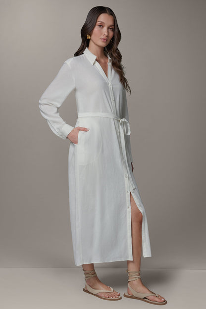 LONG SLEEVE MIDI SHIRT DRESS - Cream
