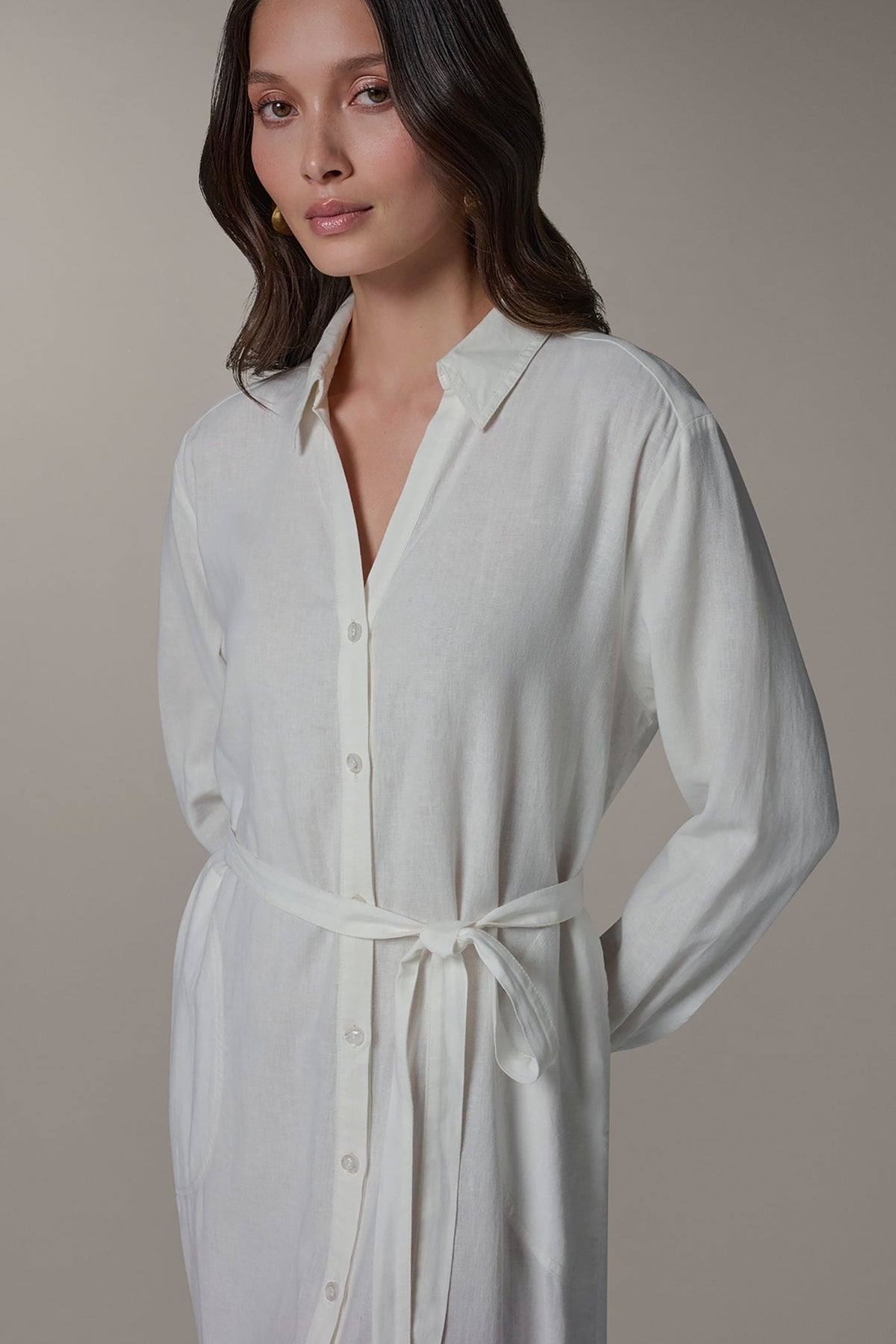 LONG SLEEVE MIDI SHIRT DRESS - Cream