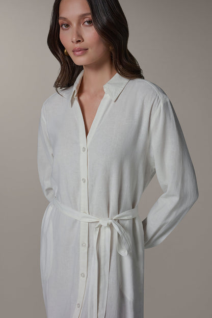 LONG SLEEVE MIDI SHIRT DRESS - Cream