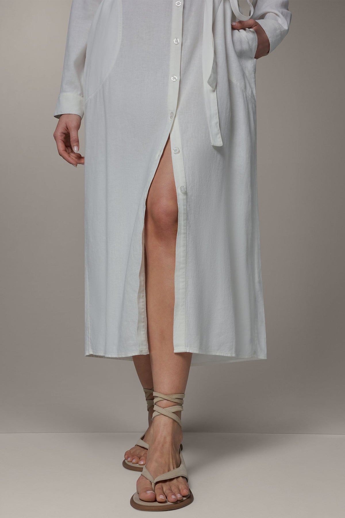 LONG SLEEVE MIDI SHIRT DRESS - Cream