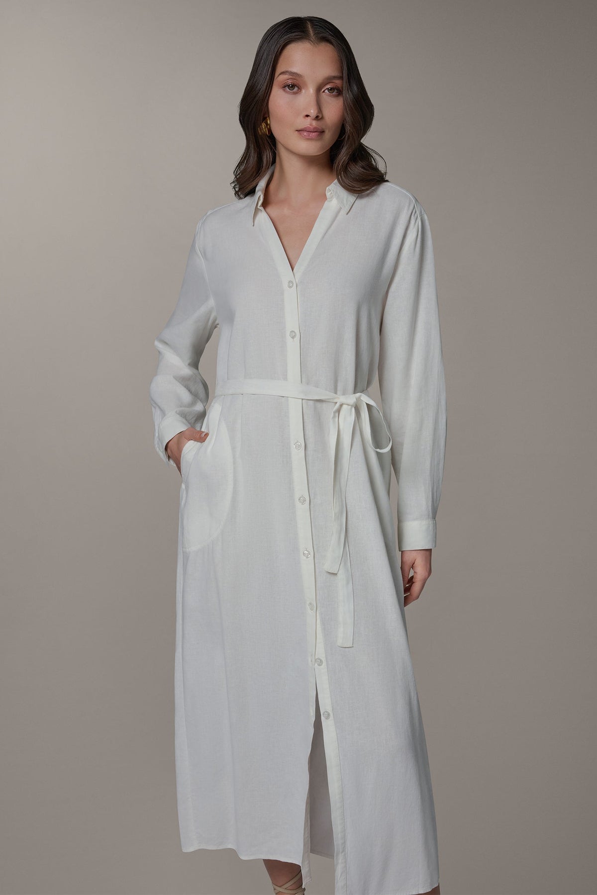 LONG SLEEVE MIDI SHIRT DRESS - Cream