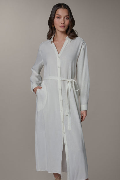 LONG SLEEVE MIDI SHIRT DRESS - Cream