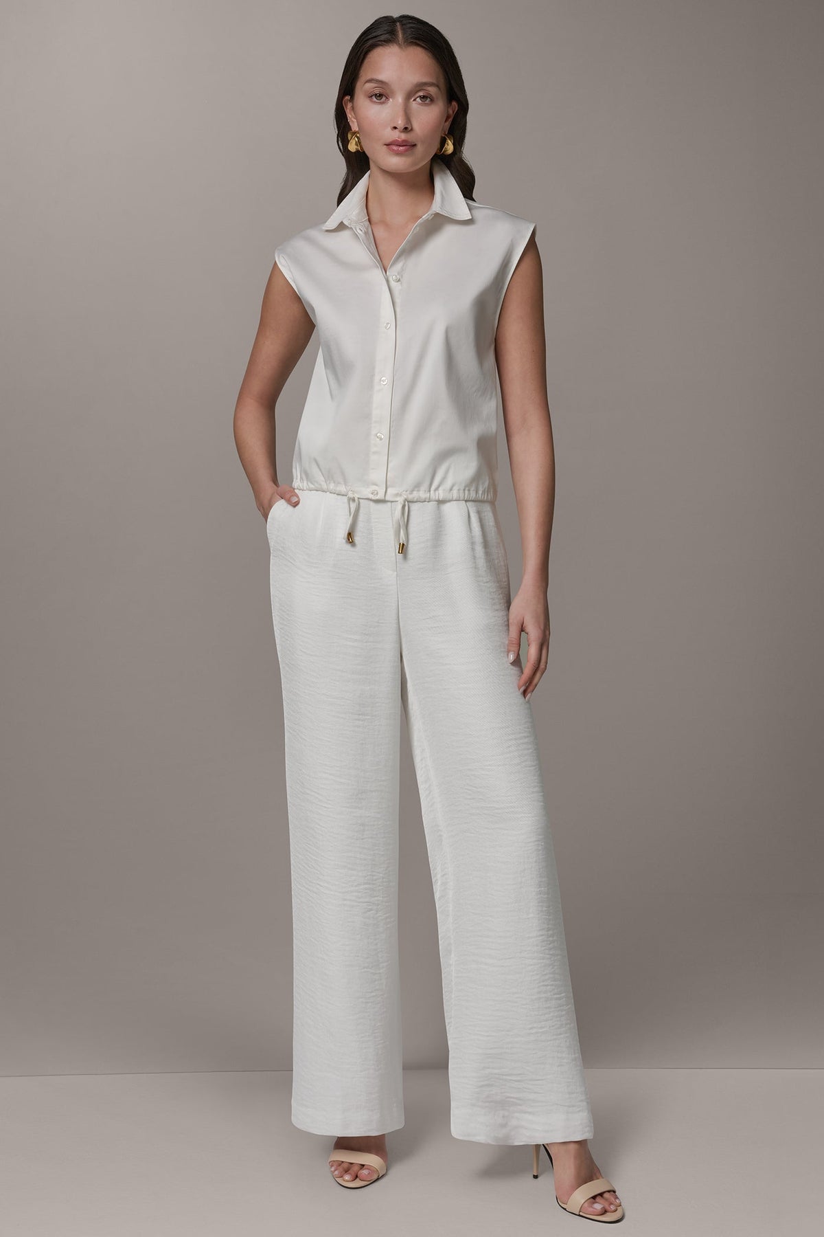SLEEVELESS DRAWSTRING HEM BLOUSE - Cream