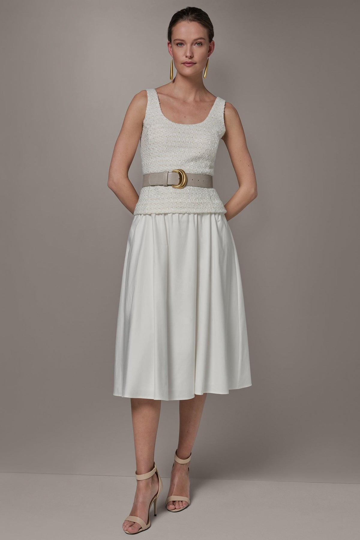 TWEED MIXED MEDIA MIDI TANK DRESS - Cream