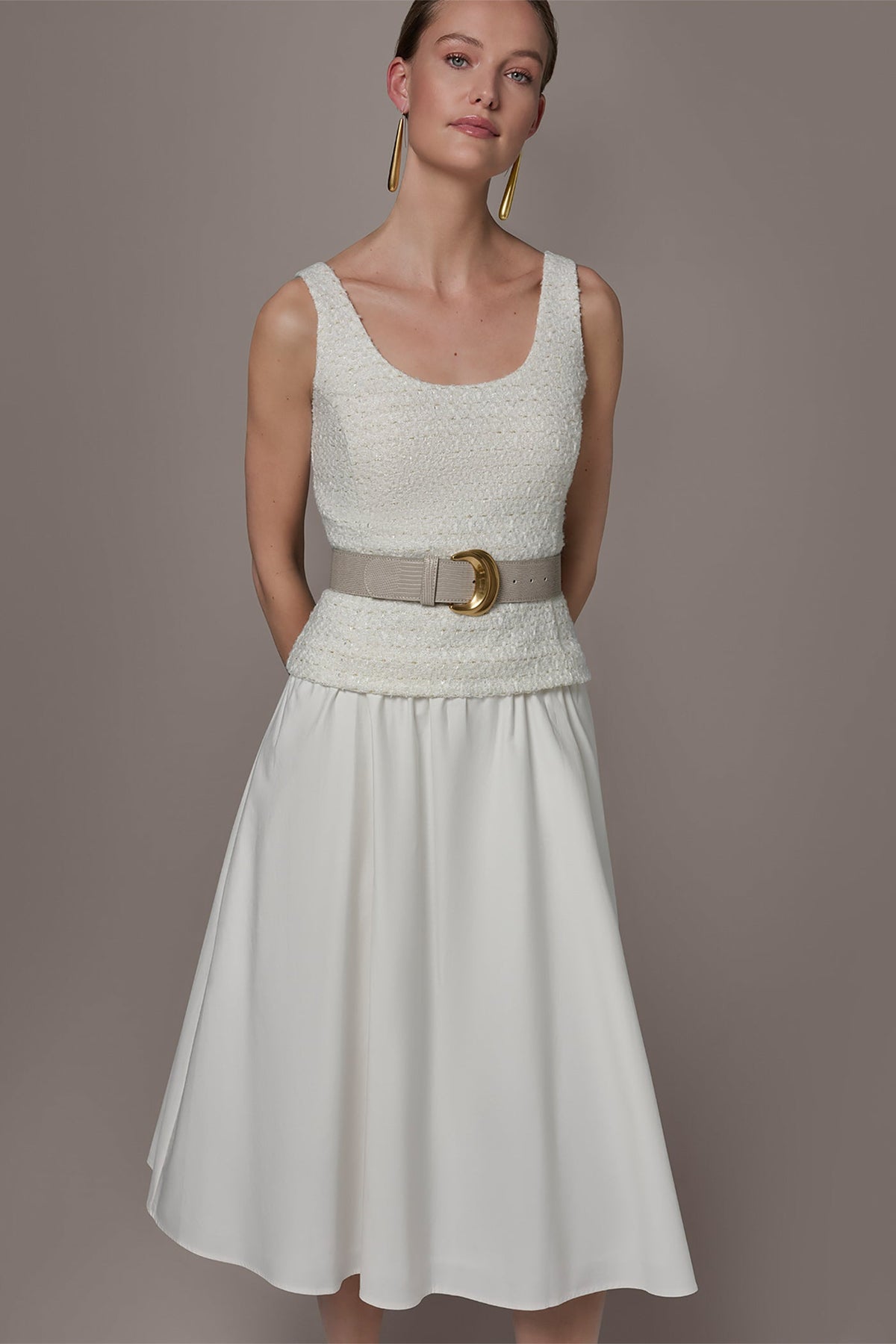 TWEED MIXED MEDIA MIDI TANK DRESS - Cream