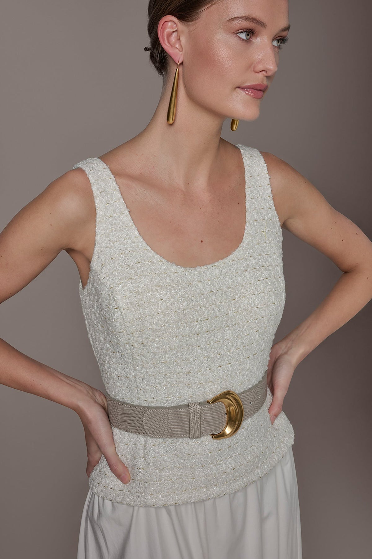 TWEED MIXED MEDIA MIDI TANK DRESS - Cream
