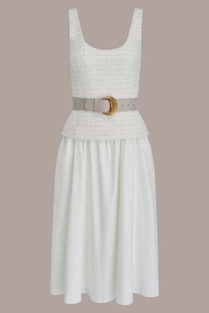 TWEED MIXED MEDIA MIDI TANK DRESS - Cream