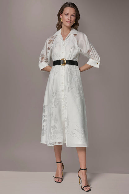 FLORAL-JACQUARD MIDI SHIRT DRESS - CREAM