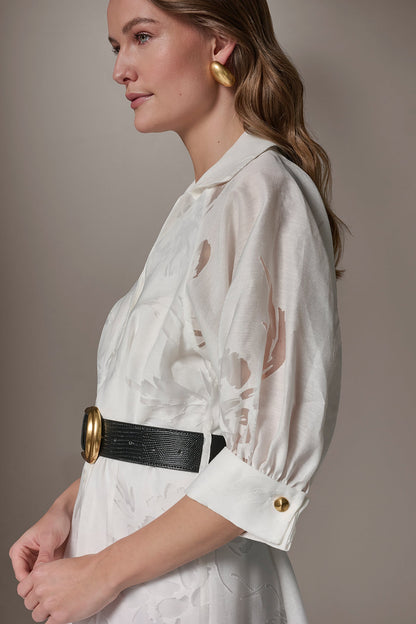 FLORAL-JACQUARD MIDI SHIRT DRESS - CREAM