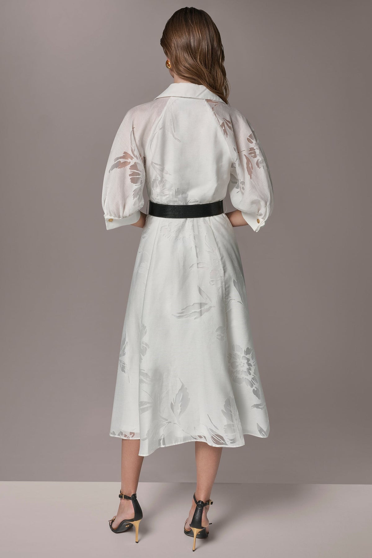 FLORAL-JACQUARD MIDI SHIRT DRESS - CREAM