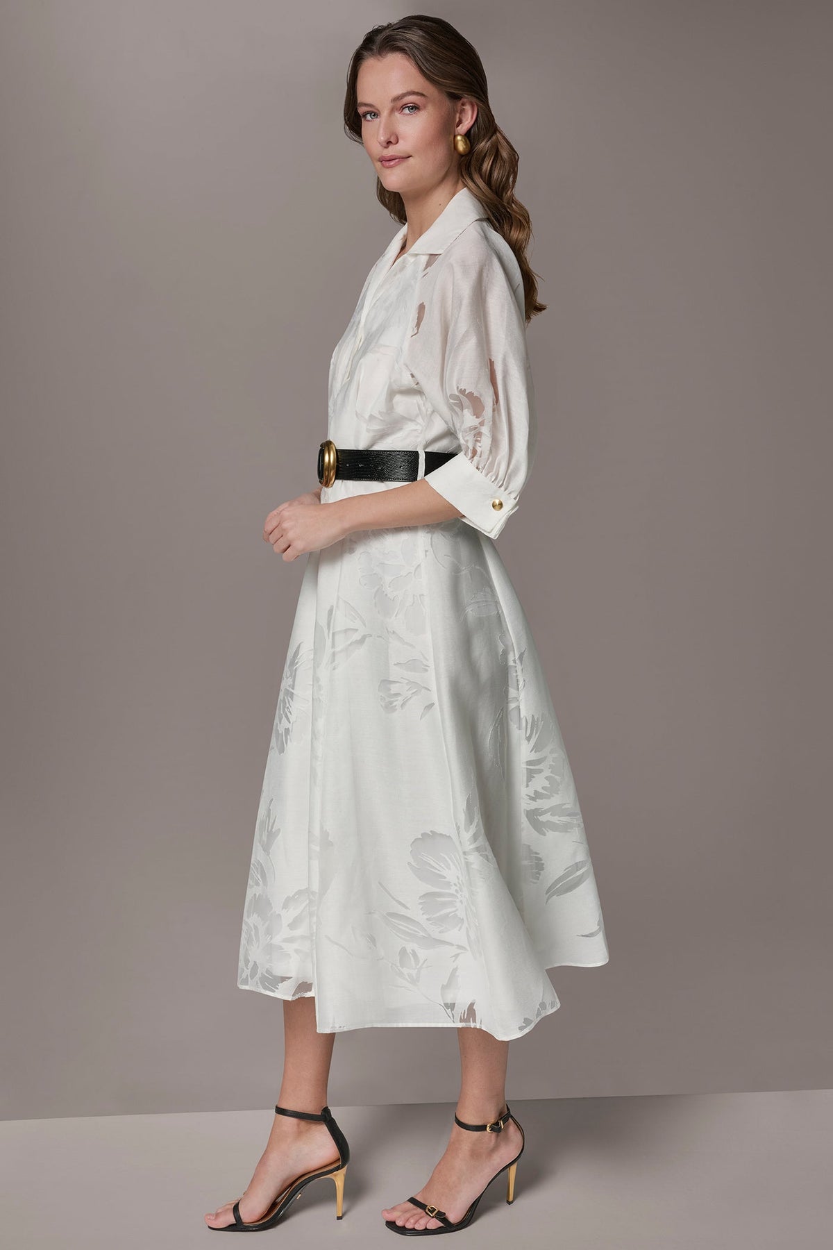 FLORAL-JACQUARD MIDI SHIRT DRESS - CREAM