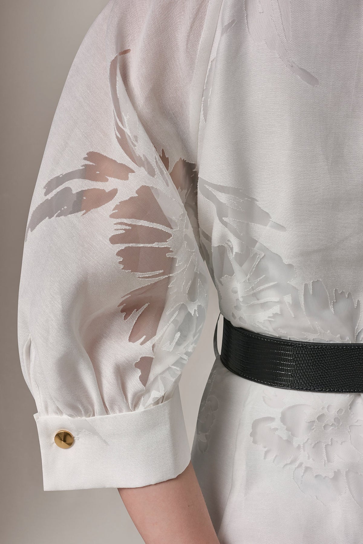 FLORAL-JACQUARD MIDI SHIRT DRESS - CREAM