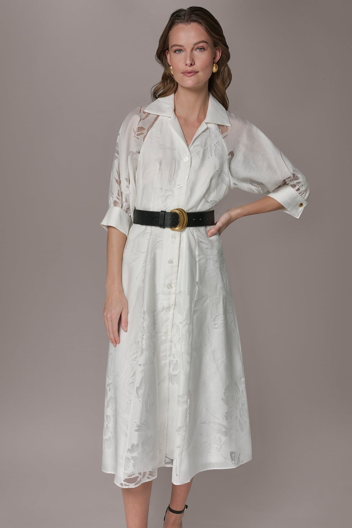 FLORAL-JACQUARD MIDI SHIRT DRESS - CREAM