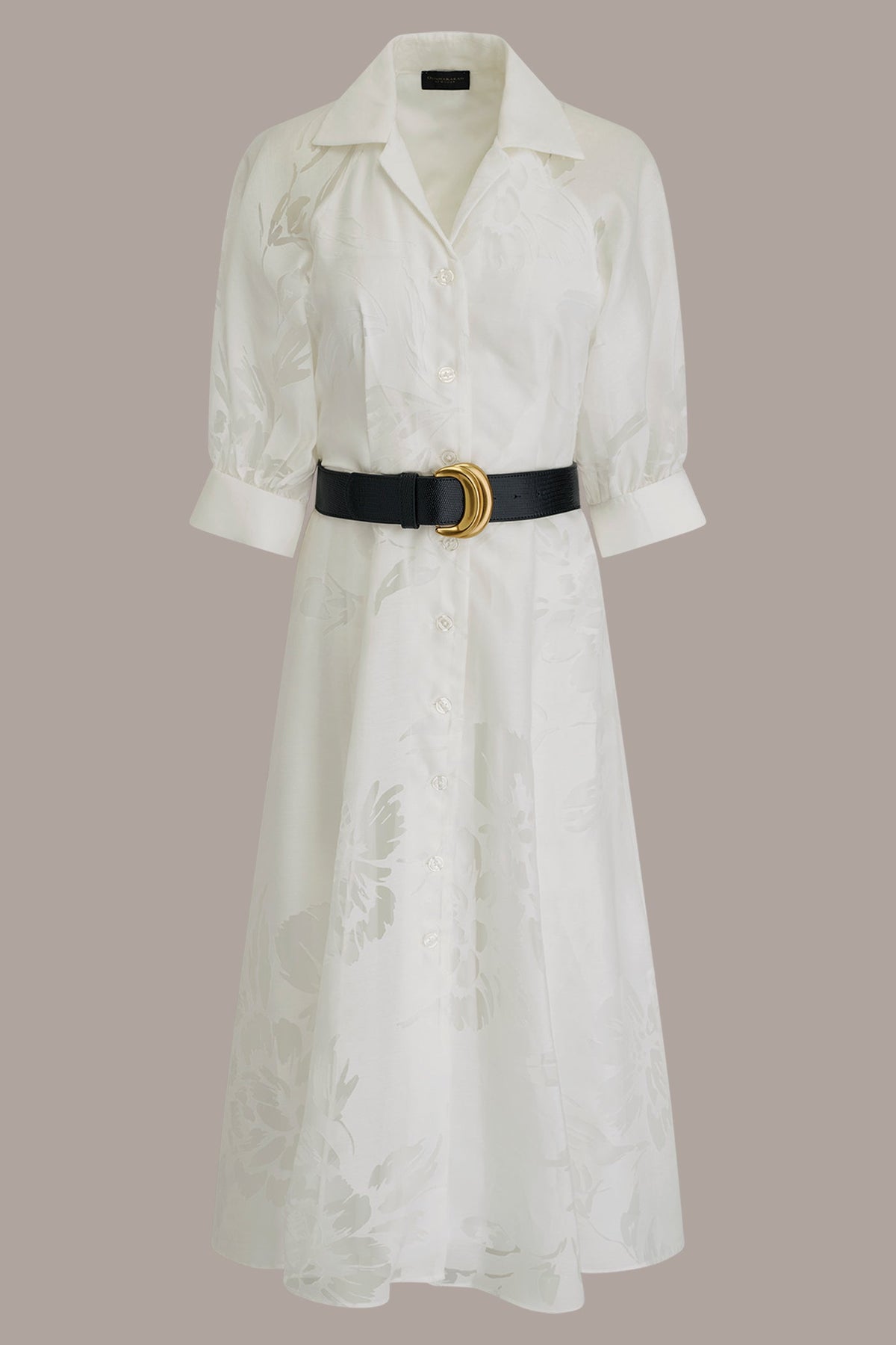 FLORAL-JACQUARD MIDI SHIRT DRESS - CREAM