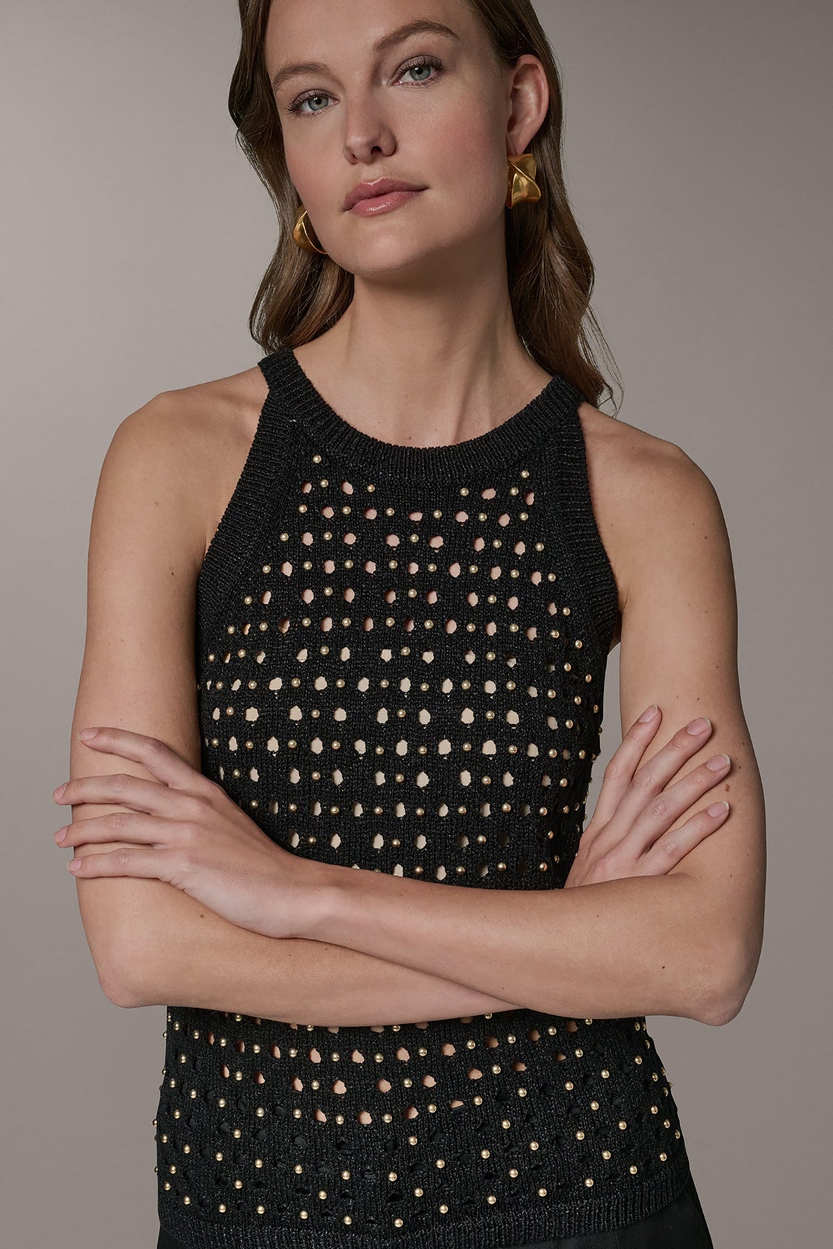 SLEEVELESS OPEN-STITCH HALTER SWEATER - Black