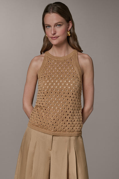 SLEEVELESS OPEN-STITCH HALTER SWEATER - Fawn