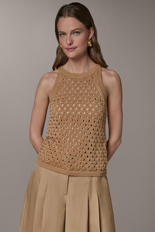 SLEEVELESS OPEN-STITCH HALTER SWEATER - Fawn