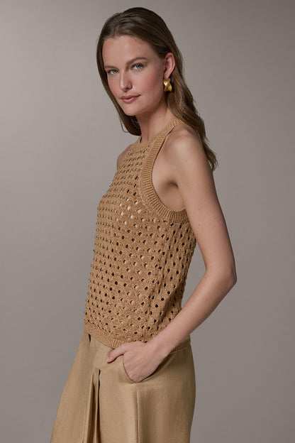 SLEEVELESS OPEN-STITCH HALTER SWEATER - Fawn