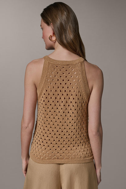 SLEEVELESS OPEN-STITCH HALTER SWEATER - Fawn