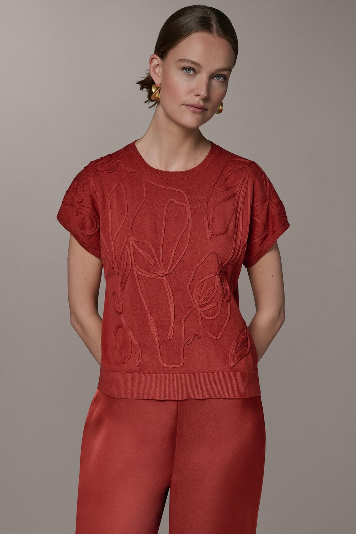 SHORT SLEEVE GEOMETRIC SWEATER - Sunbaked
