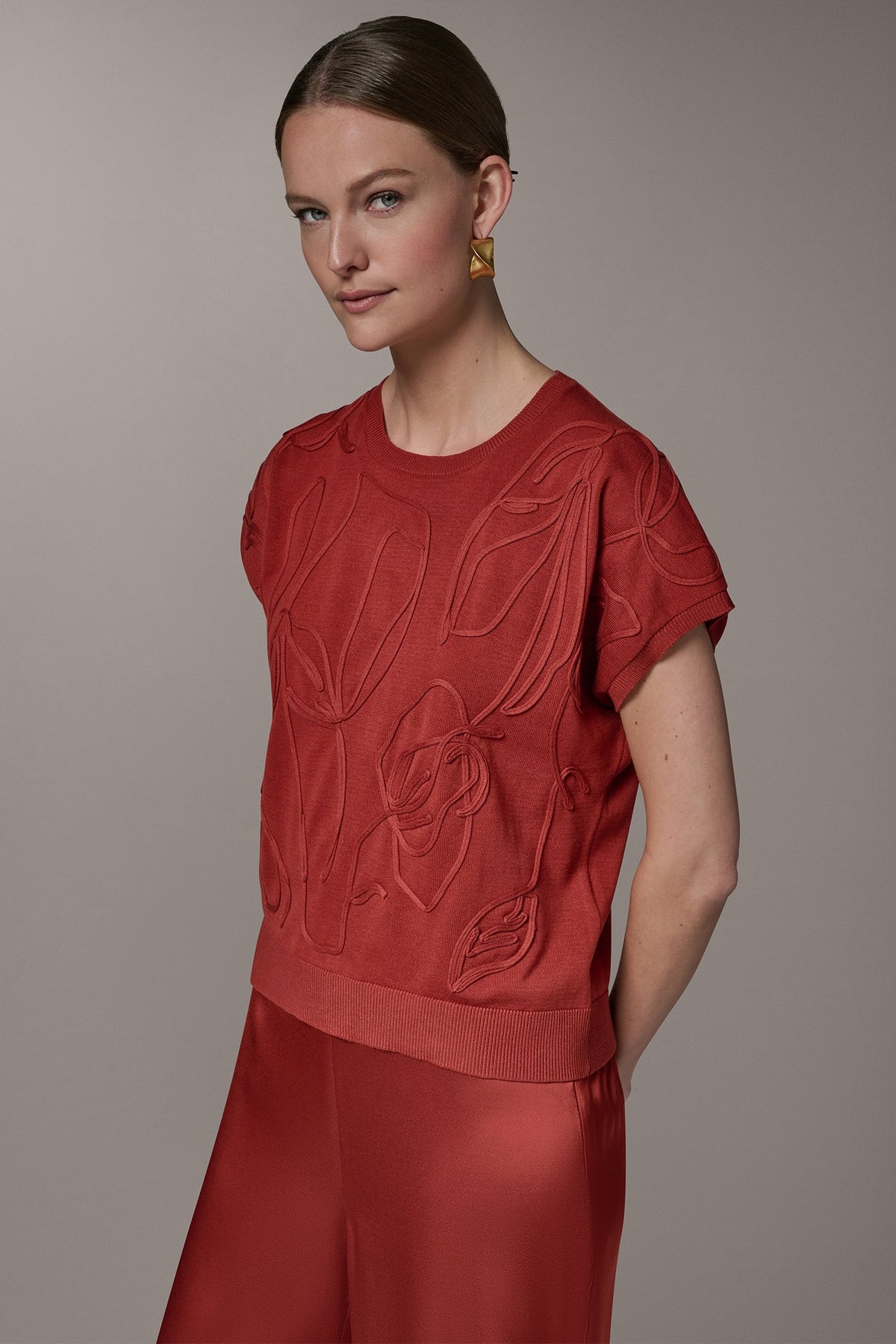 SHORT SLEEVE GEOMETRIC SWEATER - Sunbaked