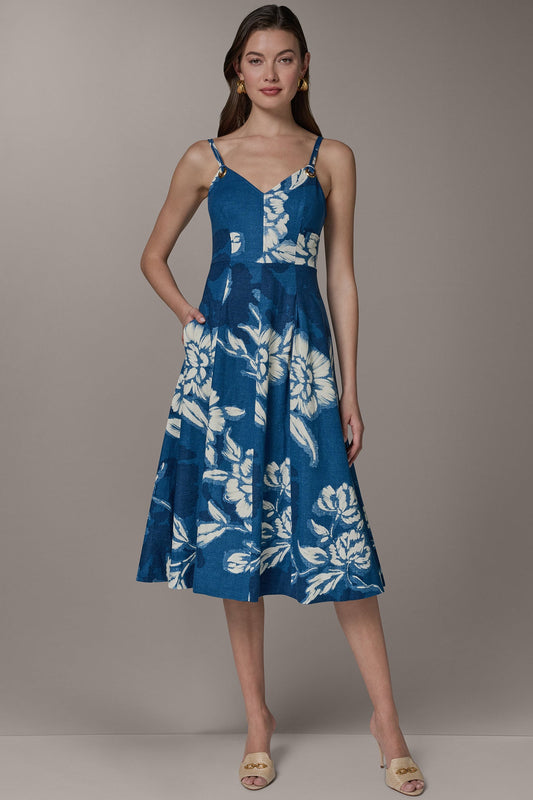 SLEEVELESS MIDI FIT AND FLARE DRESS - Prussian Blue Multi