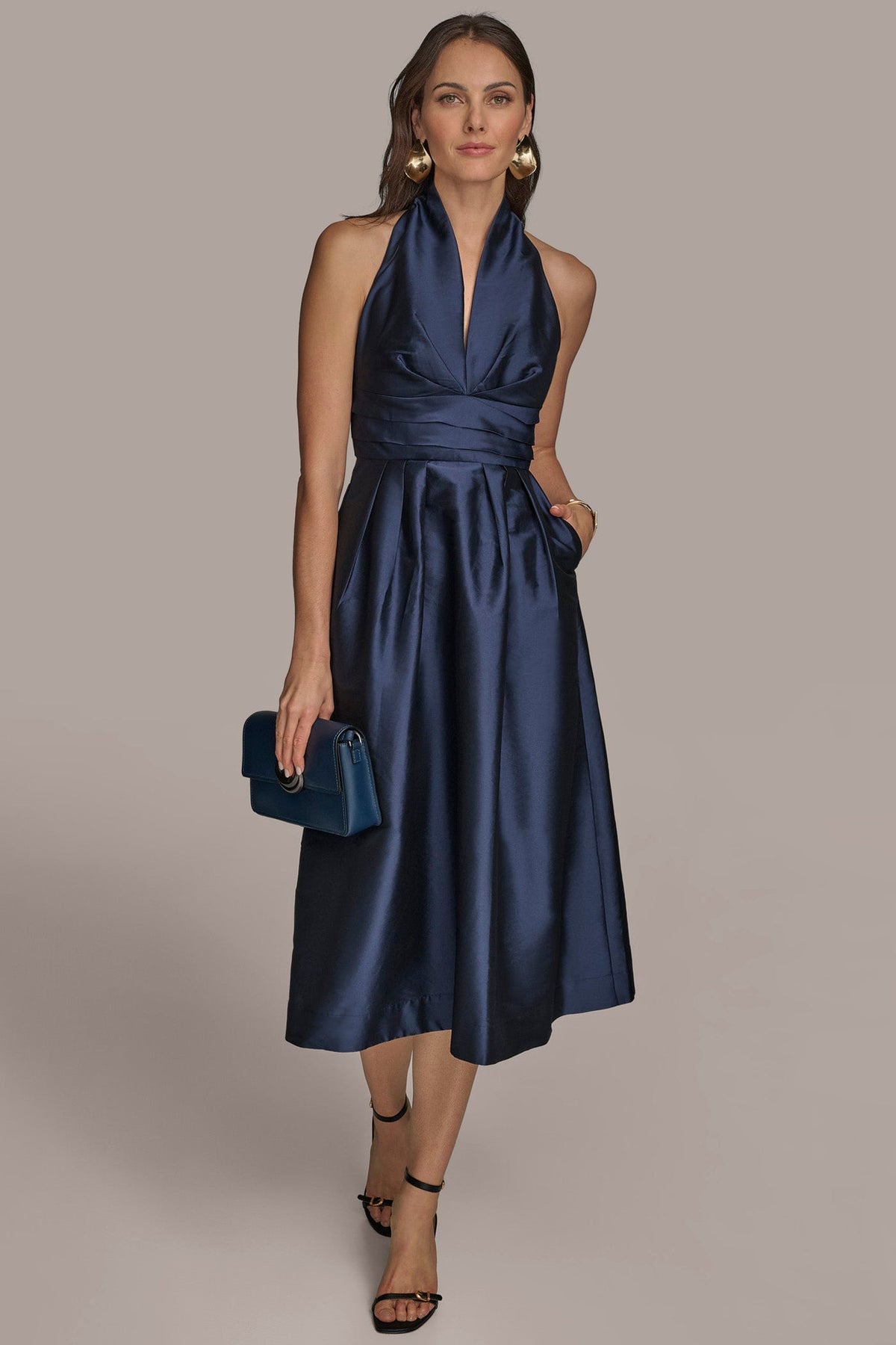 SLEEVELESS V-NECK TAFFETA MIDI COCKTAIL DRESS - Taffeta blue