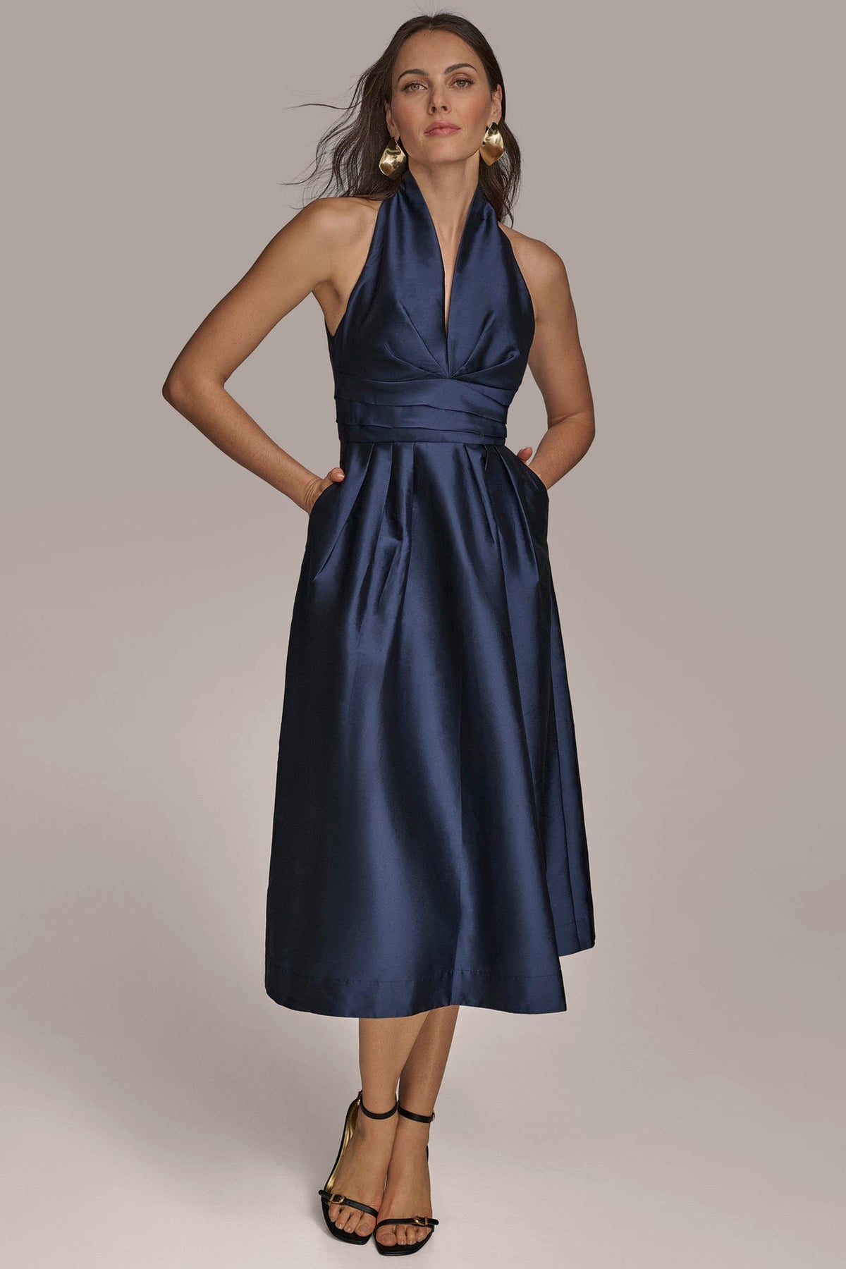 SLEEVELESS V-NECK TAFFETA MIDI COCKTAIL DRESS - Taffeta blue