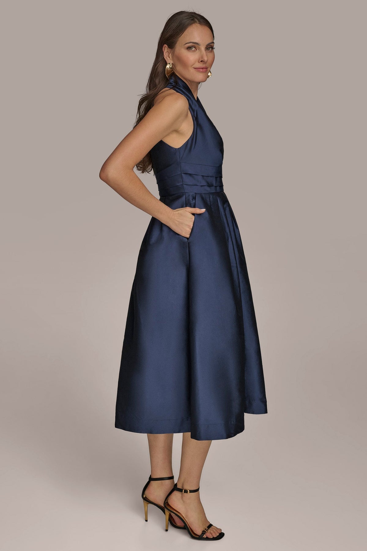 SLEEVELESS V-NECK TAFFETA MIDI COCKTAIL DRESS - Taffeta blue
