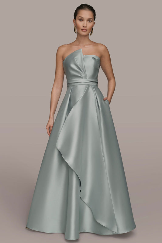 MIKADO SATIN STRAPLESS GOWN - MISTY BLUE
