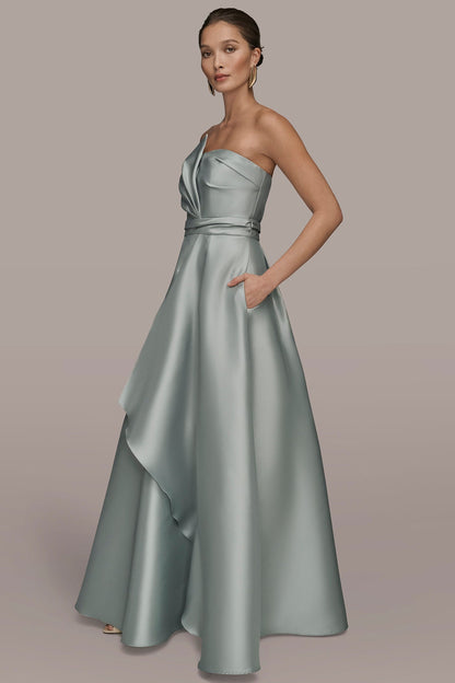 MIKADO SATIN STRAPLESS GOWN - MISTY BLUE
