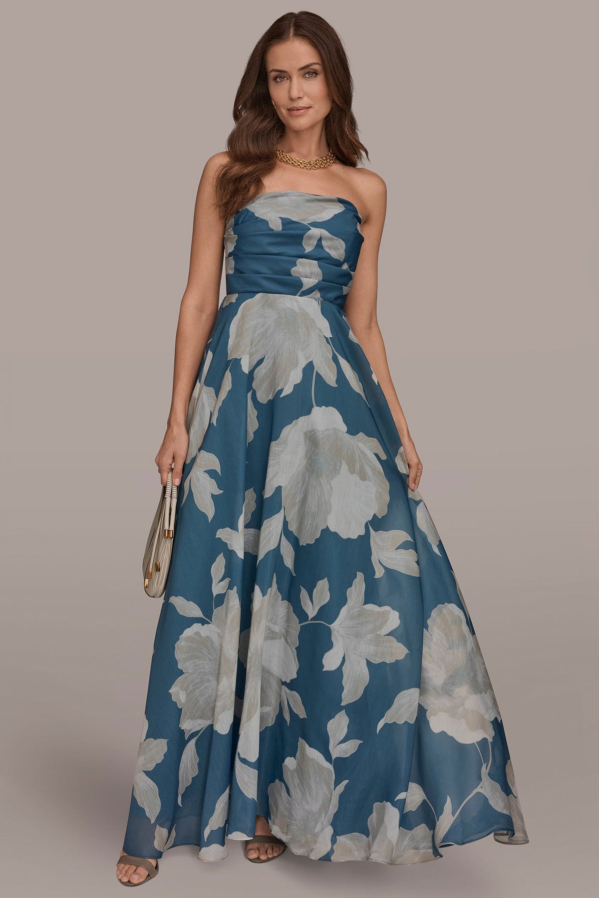 ORGANZA STRAPLESS FLORAL PLEATED GOWN - Washed Indigo/Cream Multi
