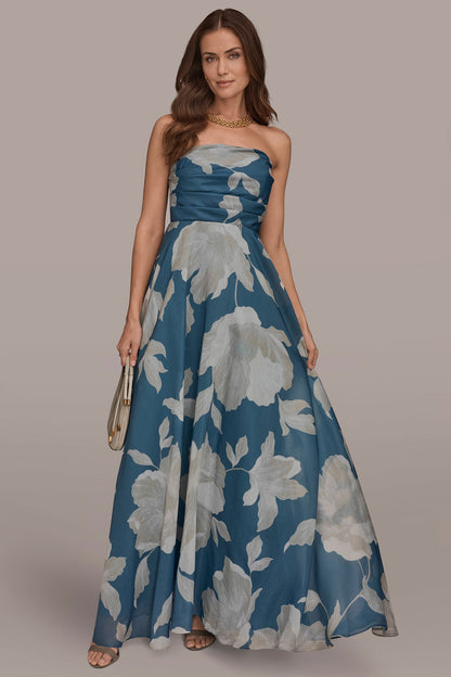 ORGANZA STRAPLESS FLORAL PLEATED GOWN - Washed Indigo/Cream Multi