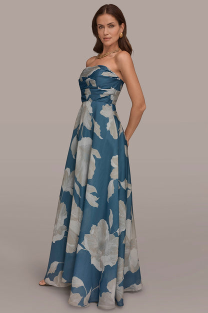 ORGANZA STRAPLESS FLORAL PLEATED GOWN - Washed Indigo/Cream Multi
