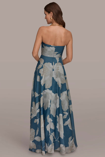 ORGANZA STRAPLESS FLORAL PLEATED GOWN - Washed Indigo/Cream Multi