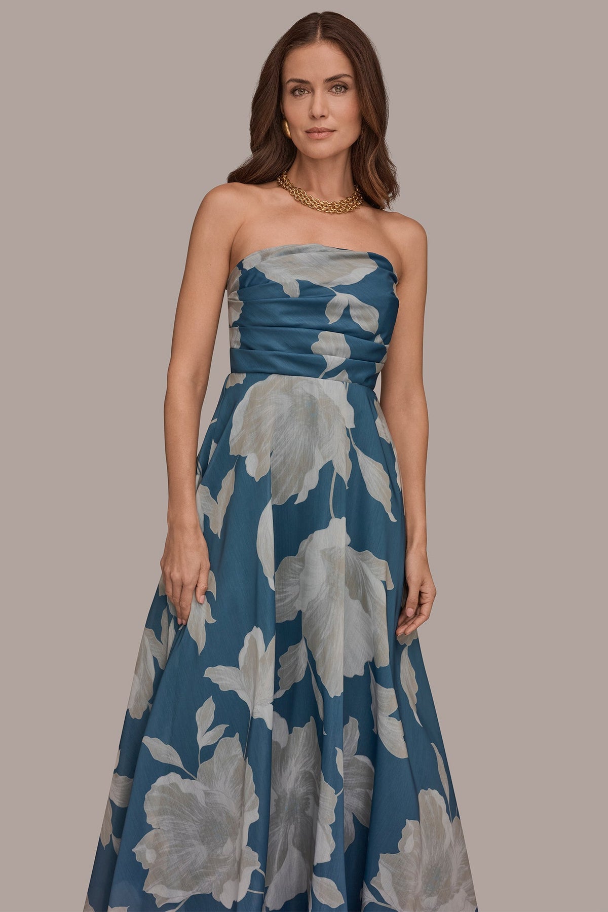 ORGANZA STRAPLESS FLORAL PLEATED GOWN - Washed Indigo/Cream Multi