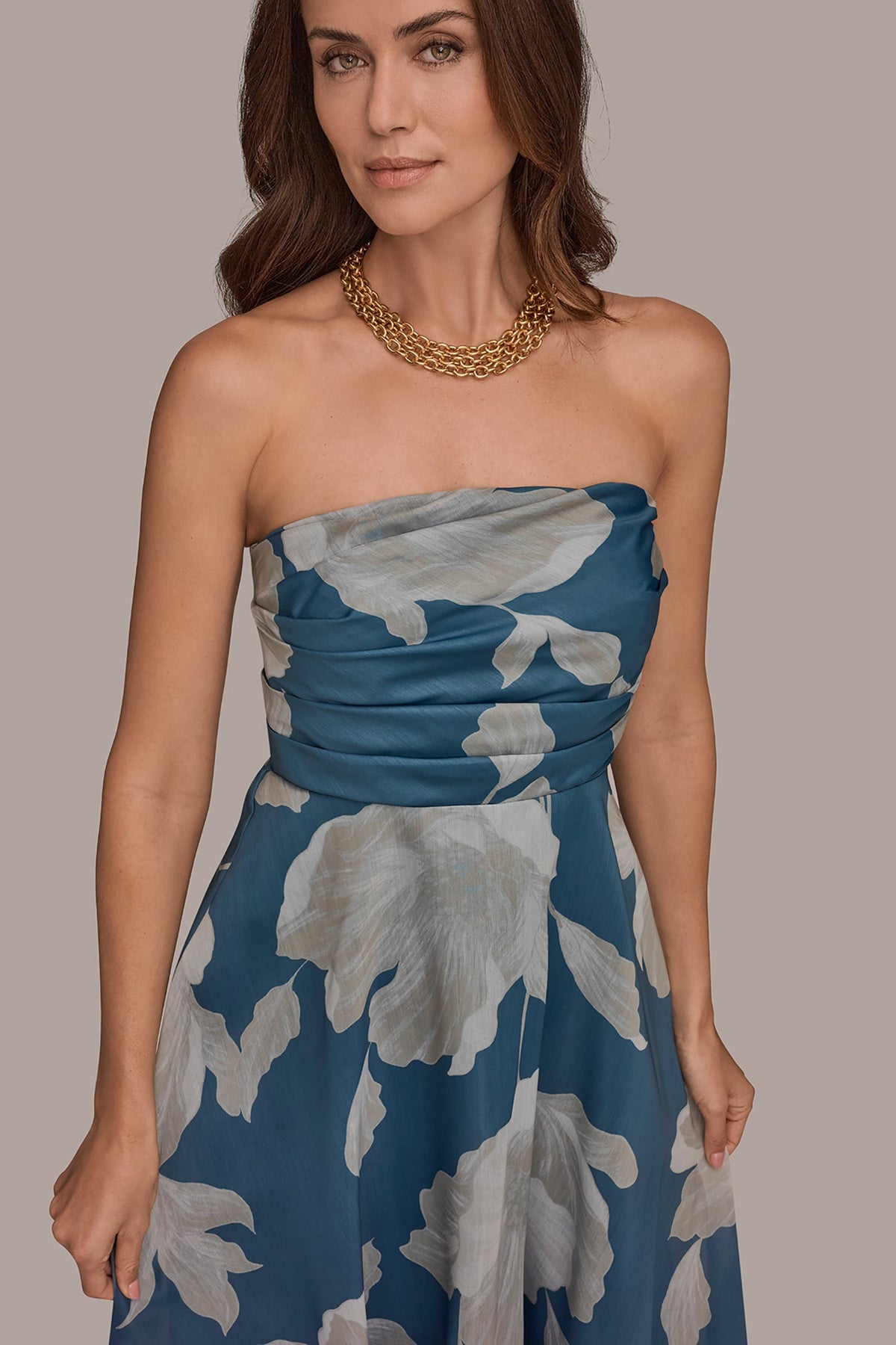 ORGANZA STRAPLESS FLORAL PLEATED GOWN - Washed Indigo/Cream Multi