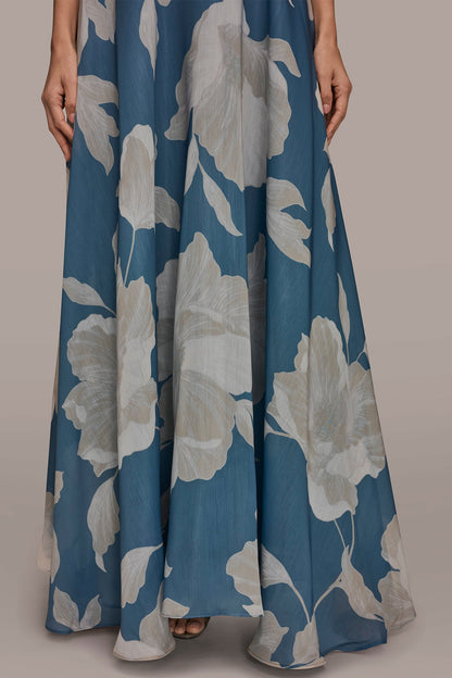 ORGANZA STRAPLESS FLORAL PLEATED GOWN - Washed Indigo/Cream Multi