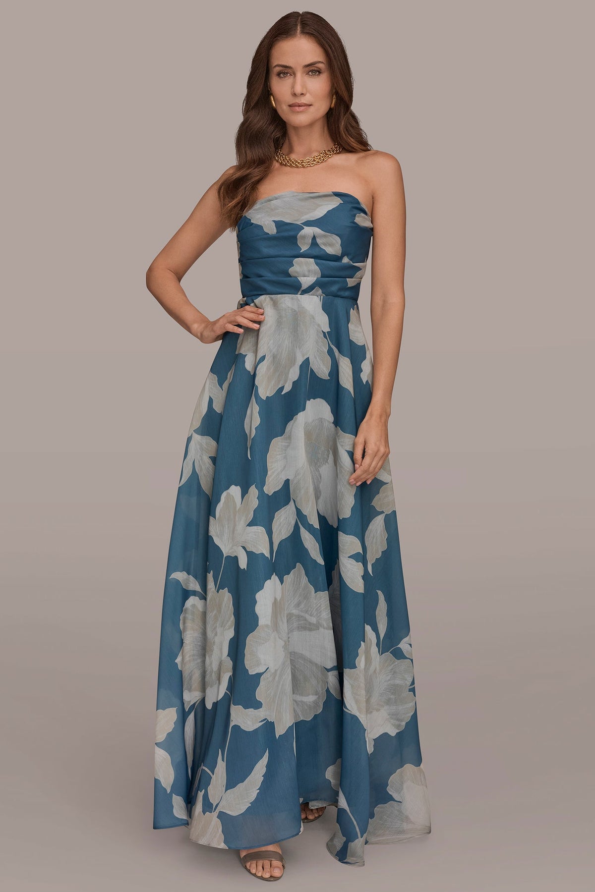 ORGANZA STRAPLESS FLORAL PLEATED GOWN - Washed Indigo/Cream Multi