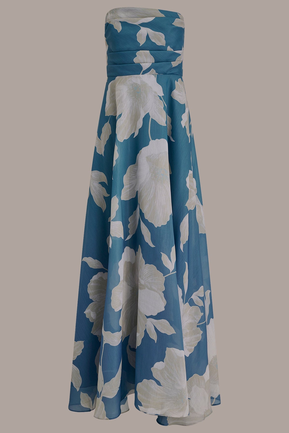 ORGANZA STRAPLESS FLORAL PLEATED GOWN - Washed Indigo/Cream Multi