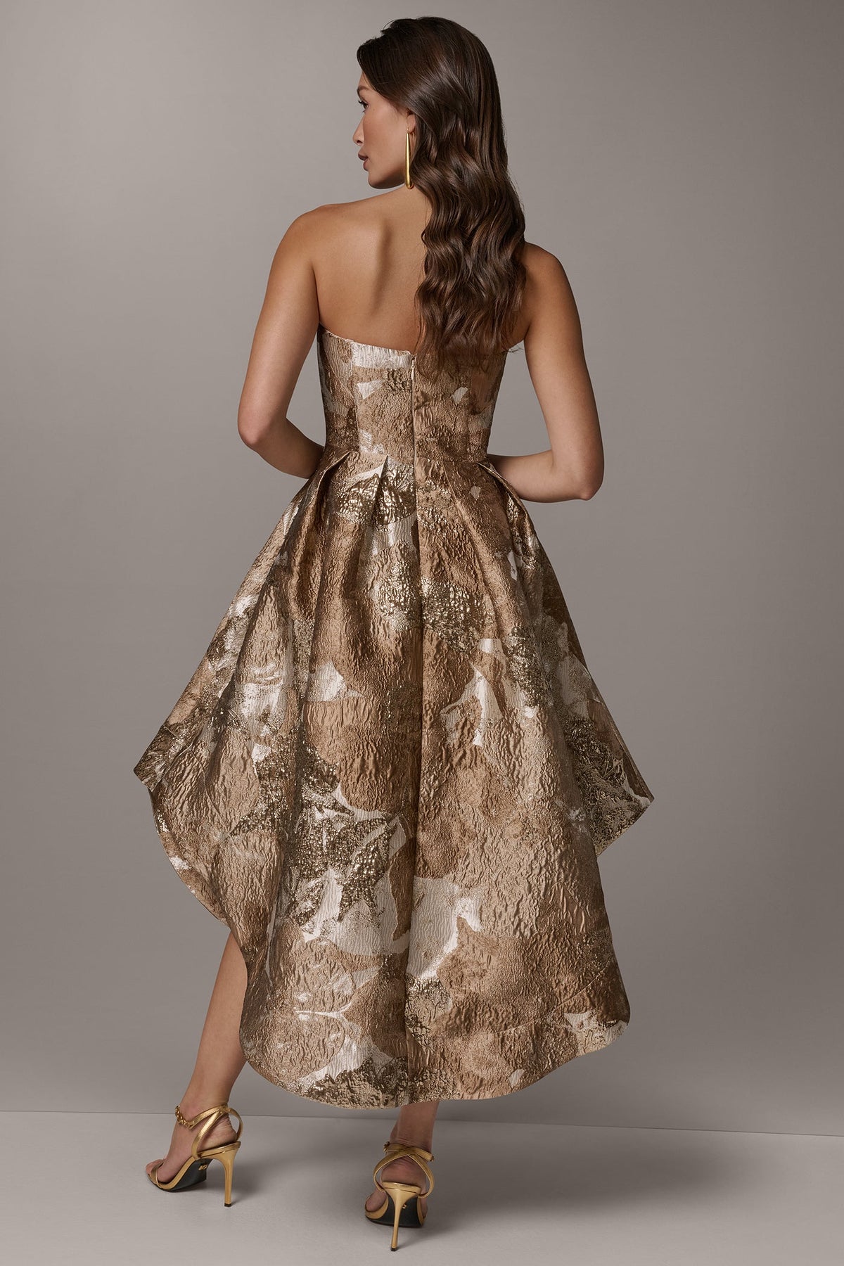 BROCADE STRAPLESS PLEATED MIDI GOWN - Umbria Multi