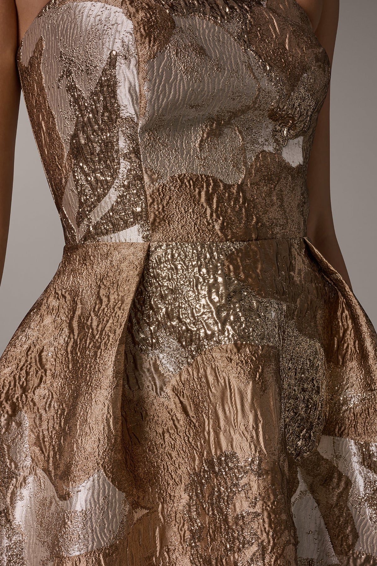 BROCADE STRAPLESS PLEATED MIDI GOWN - Umbria Multi