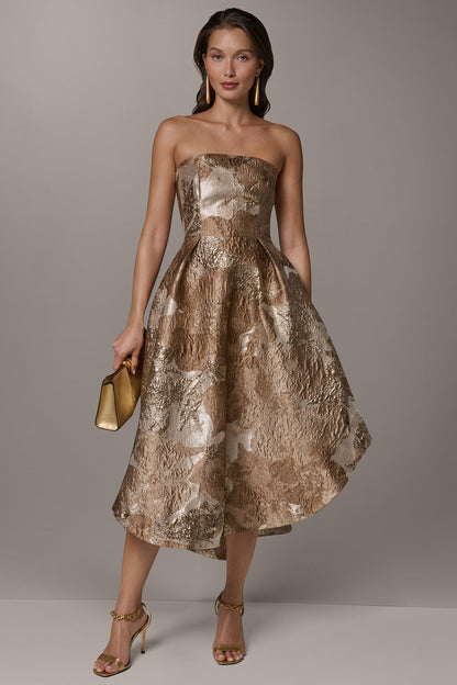 BROCADE STRAPLESS PLEATED MIDI GOWN - Umbria Multi