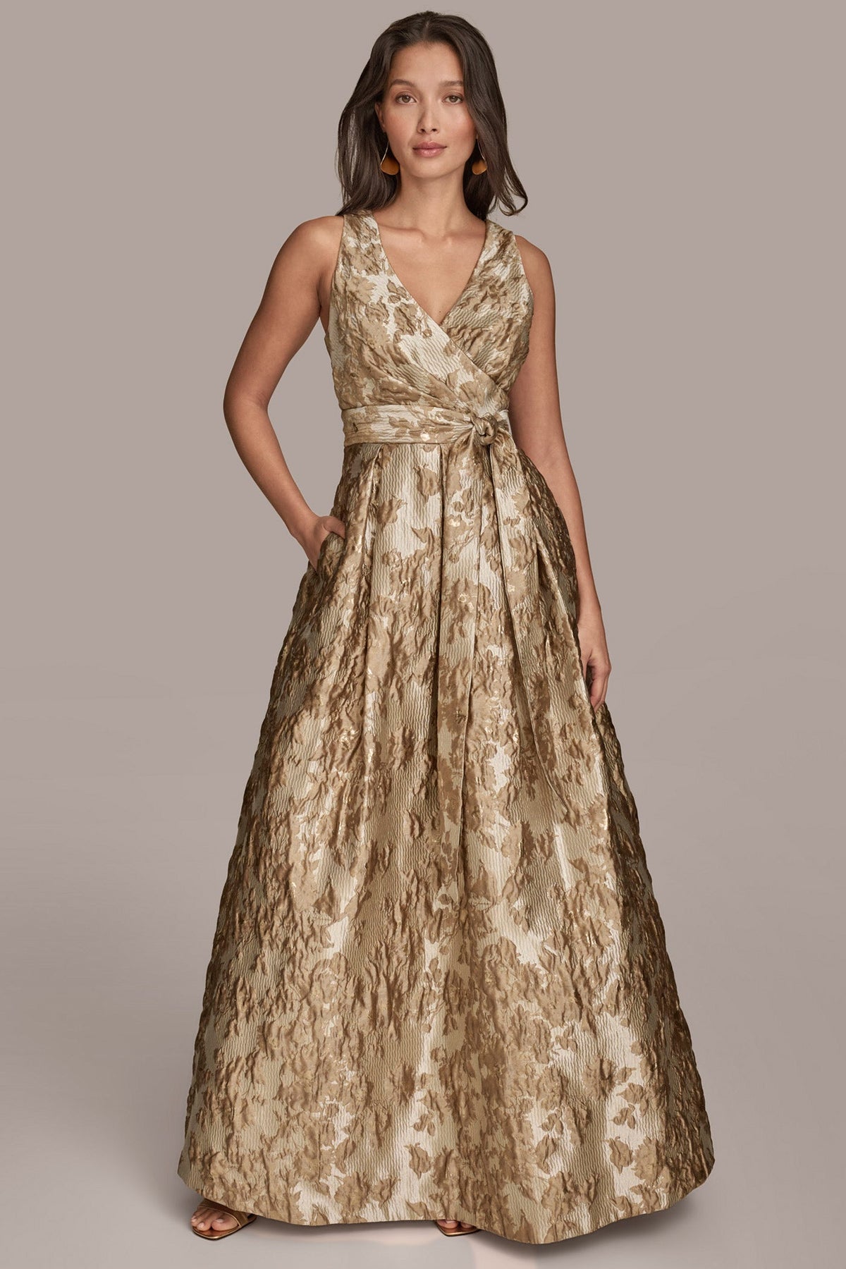 BROCADE SLEEVELESS WRAP BALL GOWN - Frosted Beige Multi