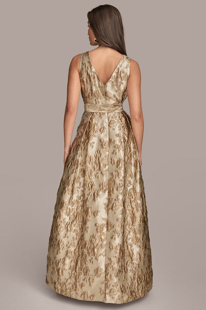 BROCADE SLEEVELESS WRAP BALL GOWN - Frosted Beige Multi