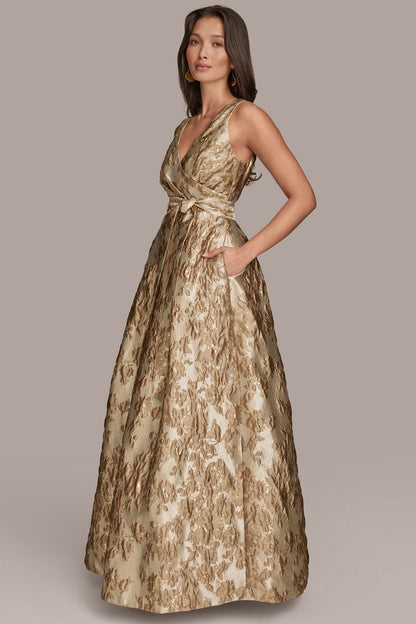 BROCADE SLEEVELESS WRAP BALL GOWN - Frosted Beige Multi