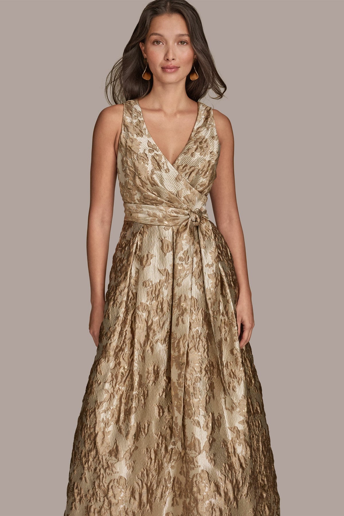 BROCADE SLEEVELESS WRAP BALL GOWN - Frosted Beige Multi