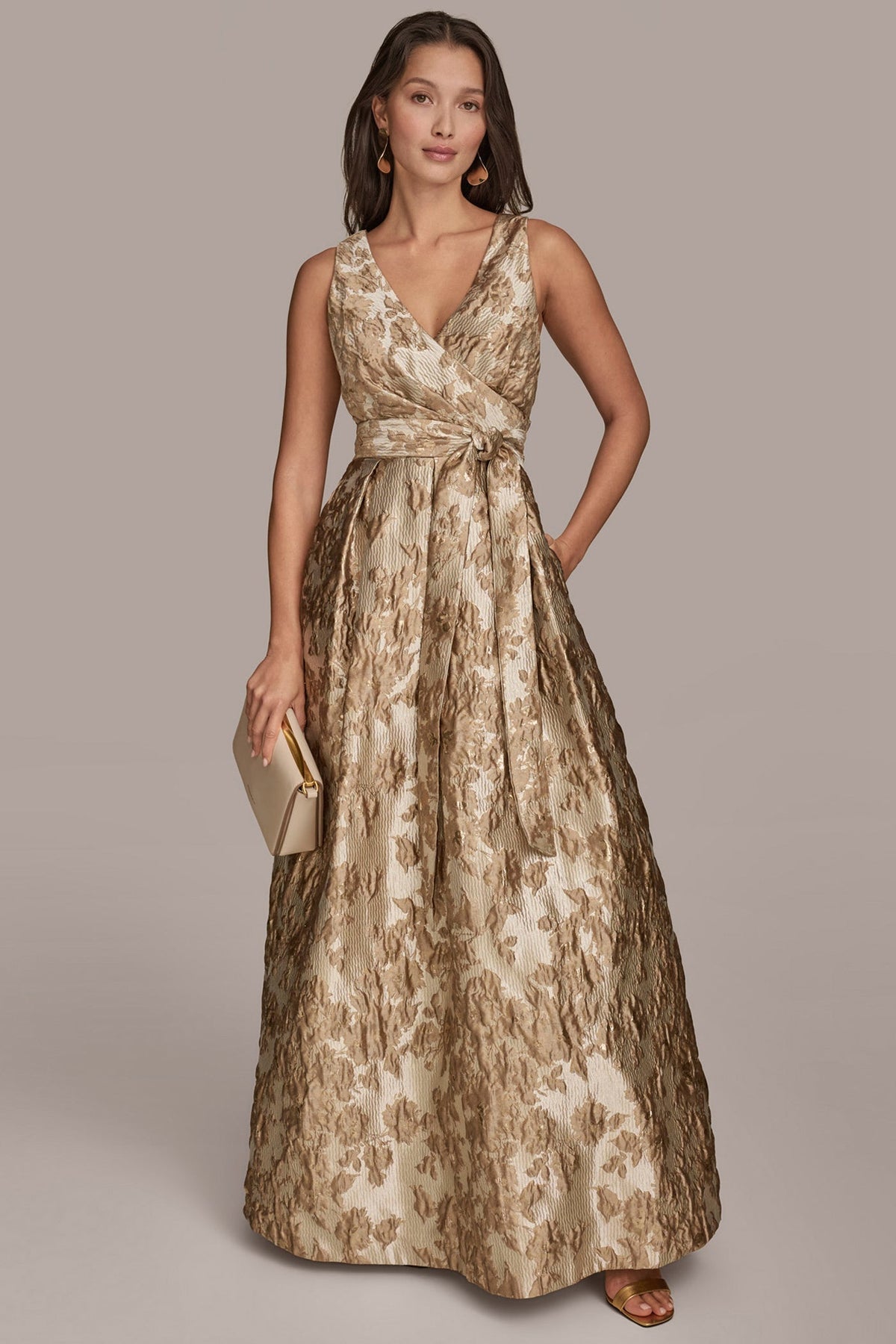 BROCADE SLEEVELESS WRAP BALL GOWN - Frosted Beige Multi