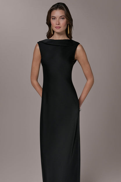 SATIN RUFFLE BACK GOWN - Black