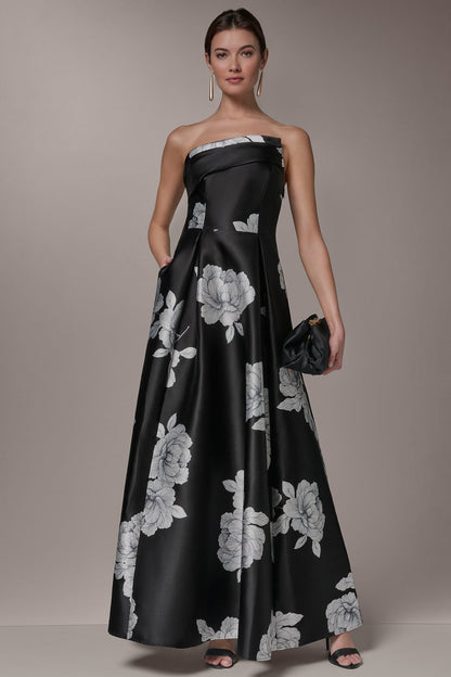 MIKADO FLORAL STRAPLESS BALL GOWN - Black Cream